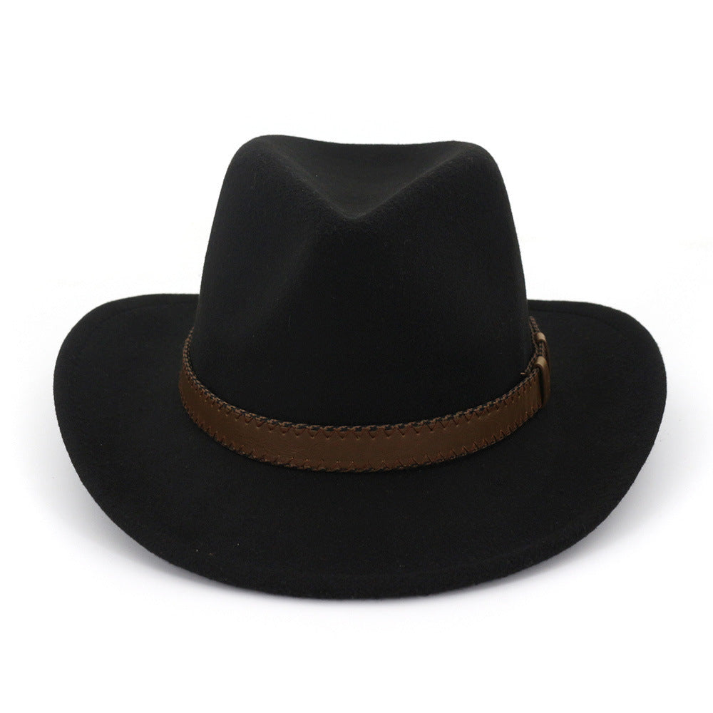 QBHAT Wide Brim Wool Felt Cowboy Fedora Hats with Dark Brown Leather Band Women Men Classic Party Formal Cap Hat Wholesale