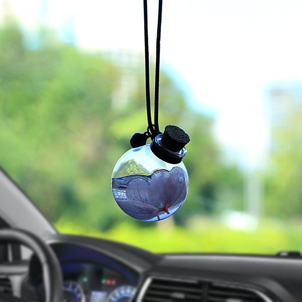 Pingente de Carro de Vidro Vazio com Perfume para Pendurar, Frasco de Decoração Interior Automotivo com Flor, Recipiente de Perfume com Tampa de Madeira