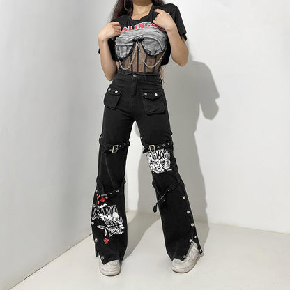 E-girl Gothic Black Cargo Pants Capri Women Low Waist Jeans Long Trousers Y2K Grunge Vintage Hip Hop Punk Harajuku Streetwear