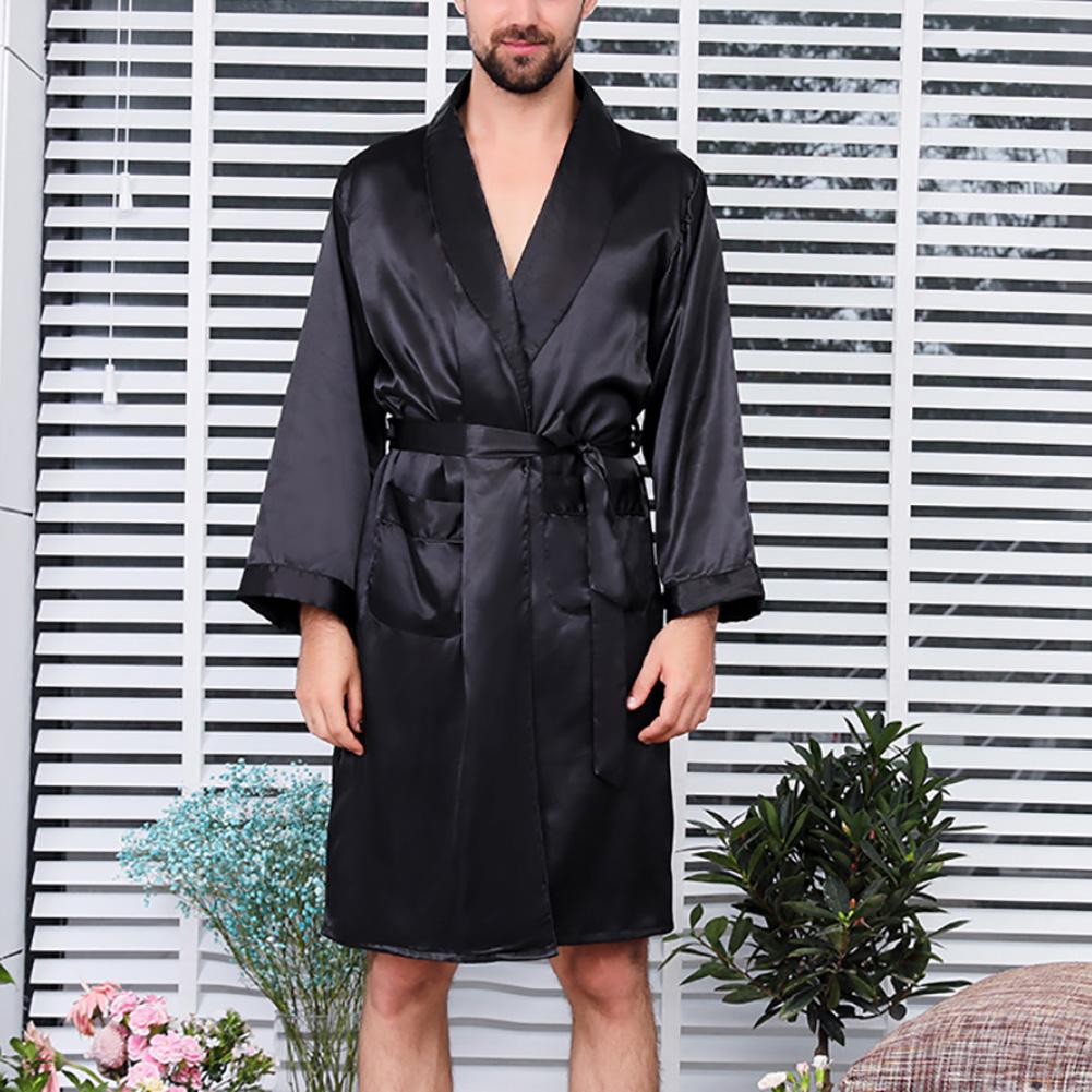Summer Men Robe Imitation Silk with Pockets Waist Belt Bath Robe Home Gown Sleepwear