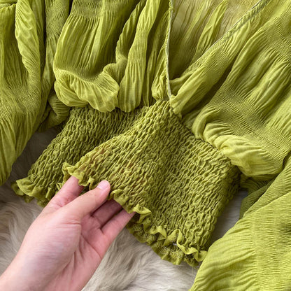 Summer Sexy Draped Chiffon Blouse For Women Elegant V-Neck Puff Long Sleeve Short Tops Female Slim Party Shirts 2022 New Fashion