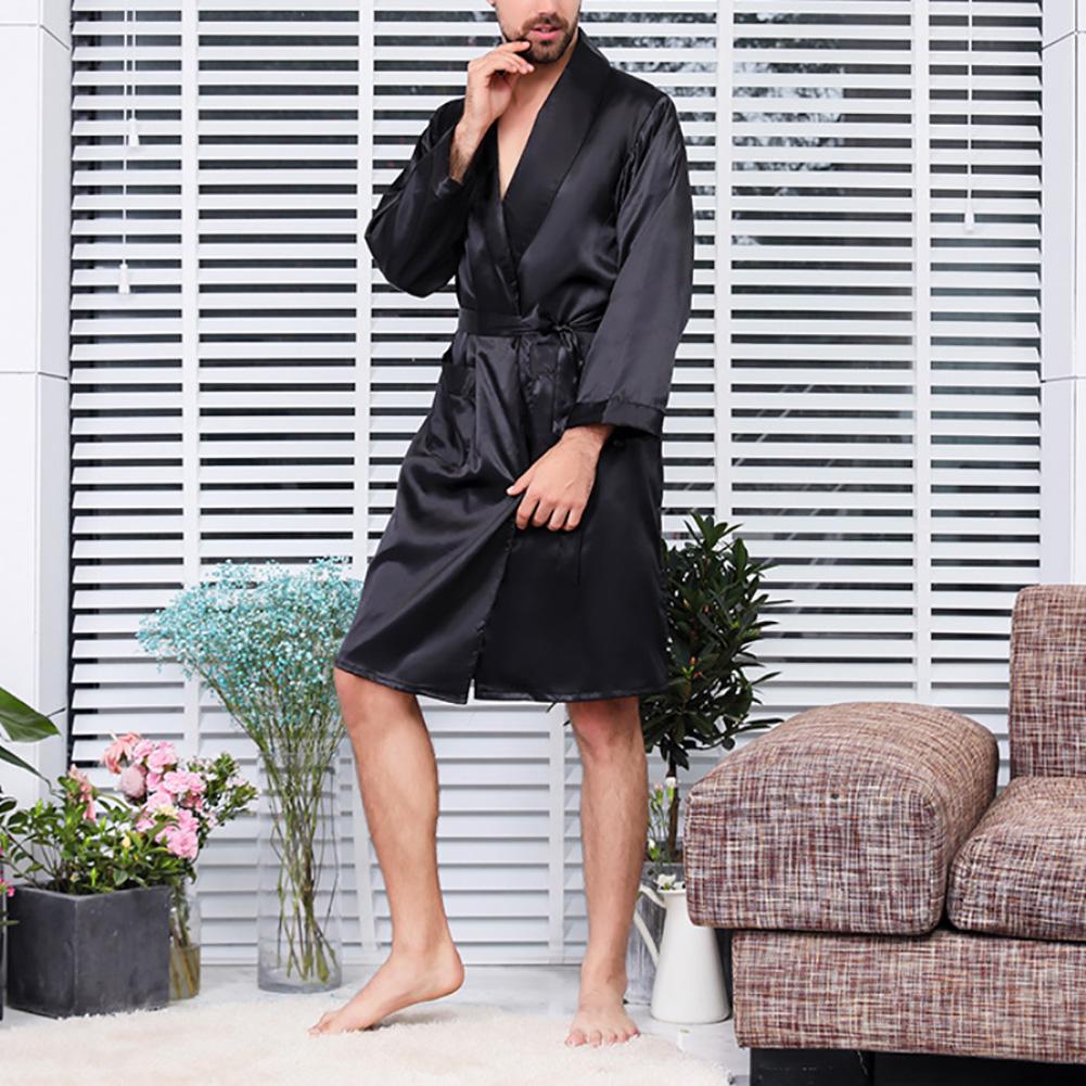 Summer Men Robe Imitation Silk with Pockets Waist Belt Bath Robe Home Gown Sleepwear