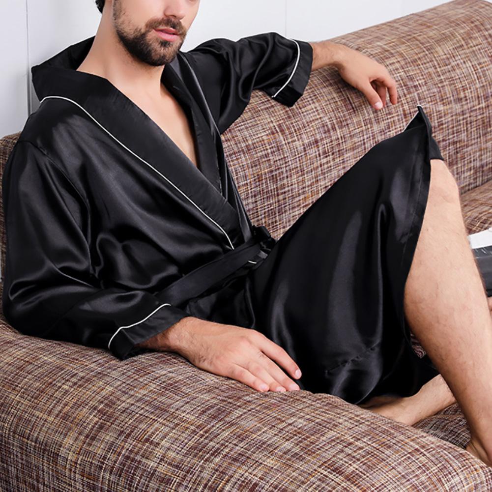 Summer Men Robe Imitation Silk with Pockets Waist Belt Bath Robe Home Gown Sleepwear