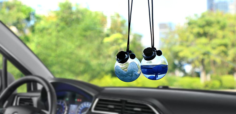 Pingente de Carro de Vidro Vazio com Perfume para Pendurar, Frasco de Decoração Interior Automotivo com Flor, Recipiente de Perfume com Tampa de Madeira