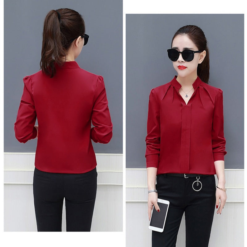 Autumn Spring Fashion Sexy V-Neck Shirt Women OL Formal Long Sleeve Chiffon Blouse M-2XL