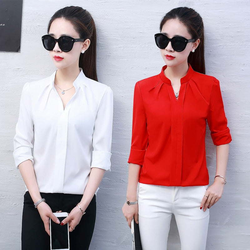 Autumn Spring Fashion Sexy V-Neck Shirt Women OL Formal Long Sleeve Chiffon Blouse M-2XL