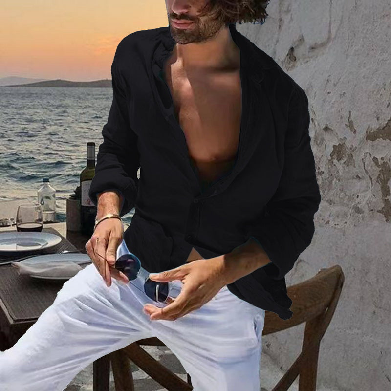 New Men's Spring Summer Shirt Cotton Comfortable Casual Lapel Cardigan Striped Single Breasted Long Sleeve Tops