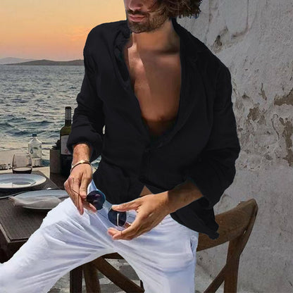 New Men's Spring Summer Shirt Cotton Comfortable Casual Lapel Cardigan Striped Single Breasted Long Sleeve Tops