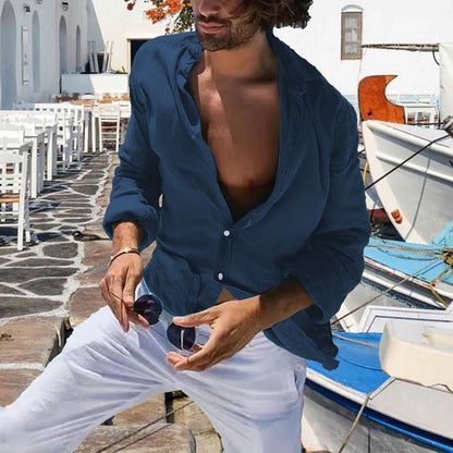 New Men's Spring Summer Shirt Cotton Comfortable Casual Lapel Cardigan Striped Single Breasted Long Sleeve Tops