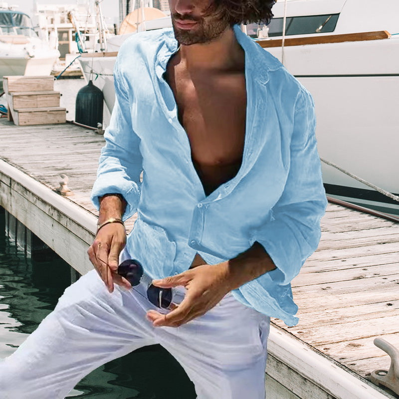 New Men's Spring Summer Shirt Cotton Comfortable Casual Lapel Cardigan Striped Single Breasted Long Sleeve Tops