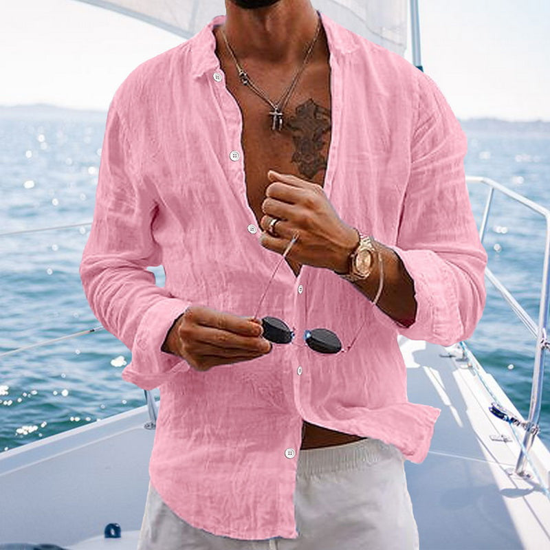 New Men's Spring Summer Shirt Cotton Comfortable Casual Lapel Cardigan Striped Single Breasted Long Sleeve Tops
