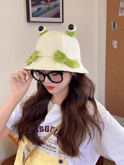 2024 New Cute Big Eyes Frog Bucket Hats Outdoor Foldable Sun Fishing Cap Women Lady Summer Cotton Wild Panama Hats