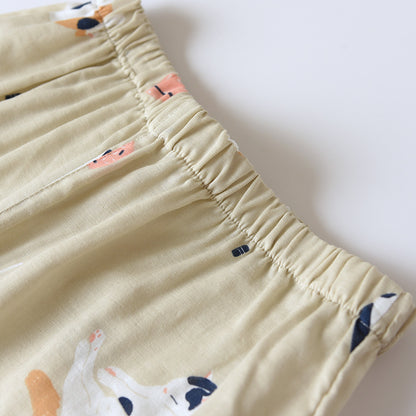 New Japanese-style kimono two-piece couple pajamas cover men and women pure cotton gauze cute kitten thin home service plus size