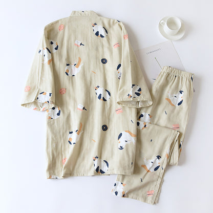 New Japanese-style kimono two-piece couple pajamas cover men and women pure cotton gauze cute kitten thin home service plus size