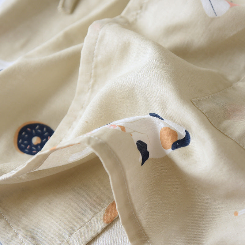 New Japanese-style kimono two-piece couple pajamas cover men and women pure cotton gauze cute kitten thin home service plus size