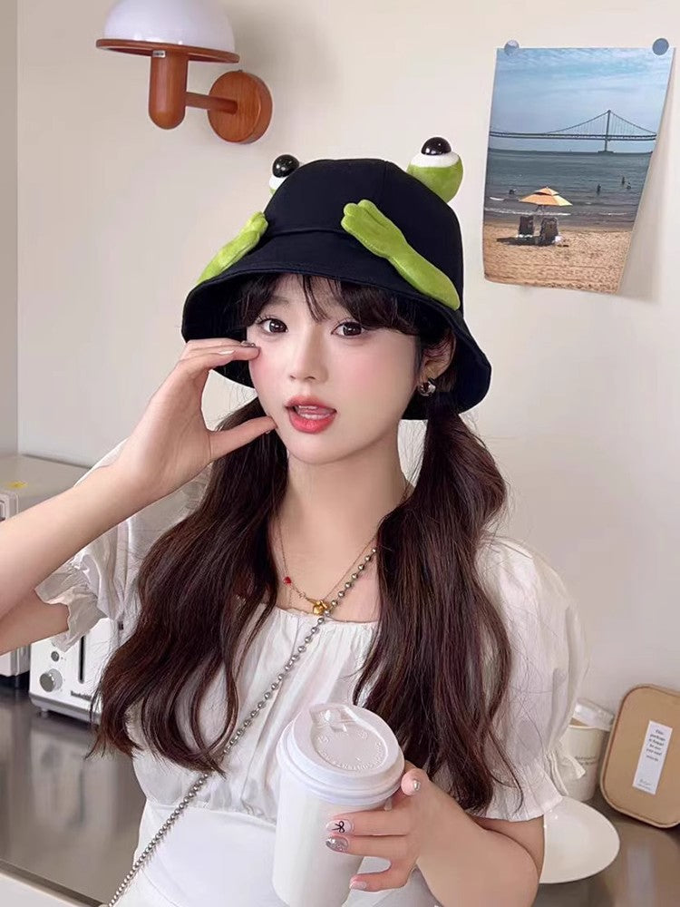 2024 New Cute Big Eyes Frog Bucket Hats Outdoor Foldable Sun Fishing Cap Women Lady Summer Cotton Wild Panama Hats