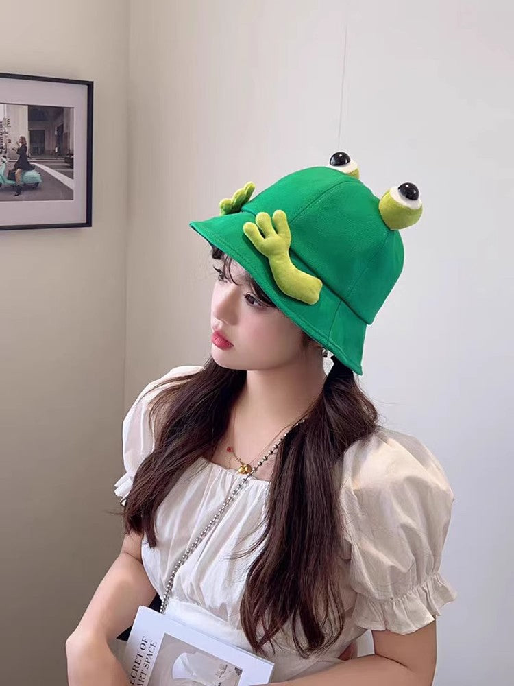 2024 New Cute Big Eyes Frog Bucket Hats Outdoor Foldable Sun Fishing Cap Women Lady Summer Cotton Wild Panama Hats