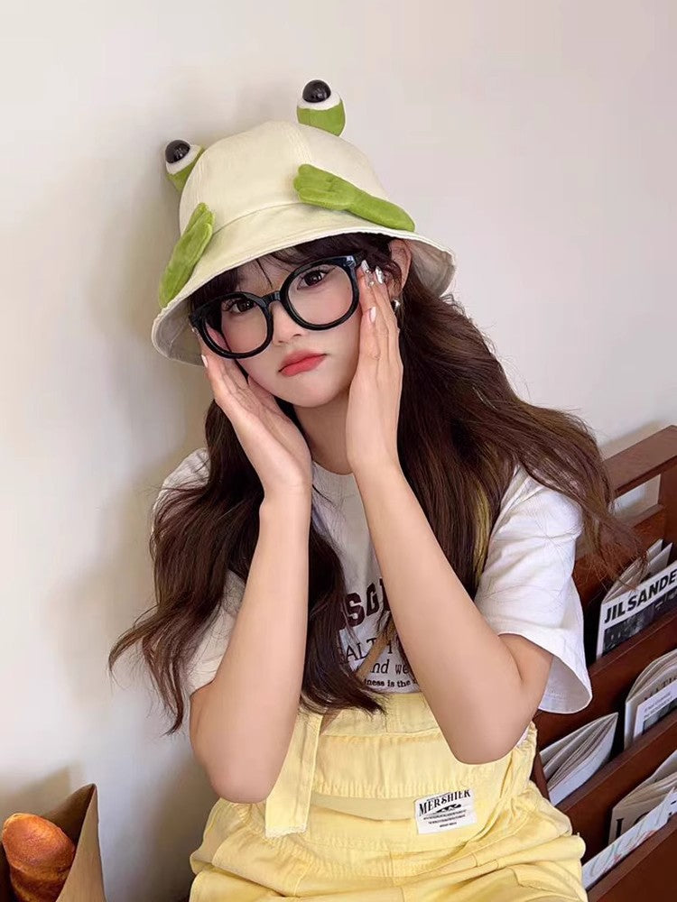 2024 New Cute Big Eyes Frog Bucket Hats Outdoor Foldable Sun Fishing Cap Women Lady Summer Cotton Wild Panama Hats