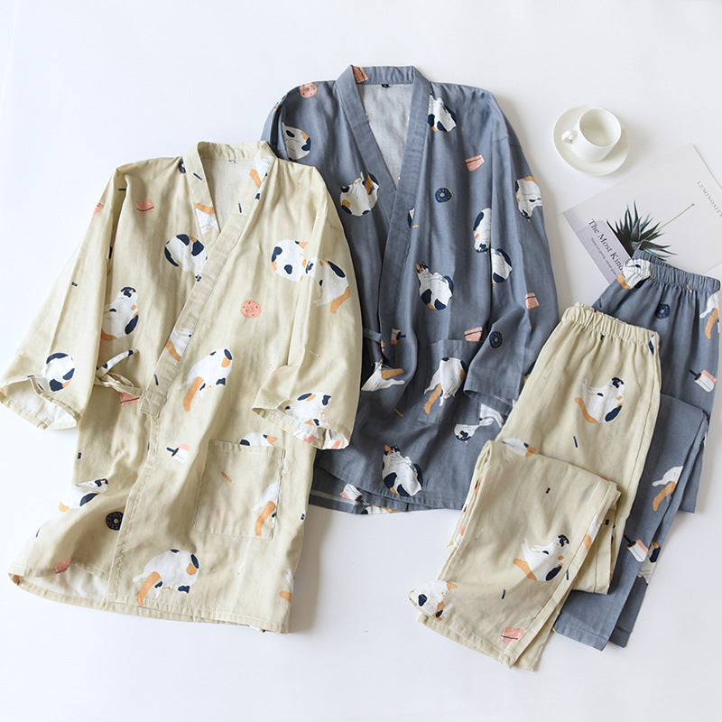 New Japanese-style kimono two-piece couple pajamas cover men and women pure cotton gauze cute kitten thin home service plus size