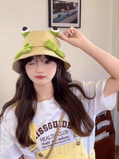 2024 New Cute Big Eyes Frog Bucket Hats Outdoor Foldable Sun Fishing Cap Women Lady Summer Cotton Wild Panama Hats