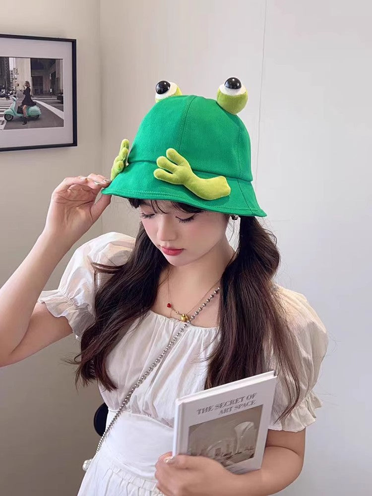 2024 New Cute Big Eyes Frog Bucket Hats Outdoor Foldable Sun Fishing Cap Women Lady Summer Cotton Wild Panama Hats