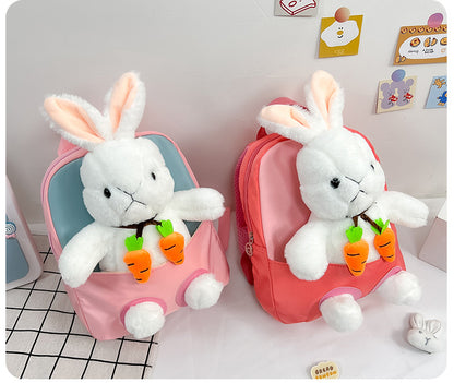 Mochila de Pelúcia 3D Coelho para Meninos Meninas Crianças Escolares Bolsa Escolar de Desenho Animado Fofo com Laço Bolsas de Escola Primária Jardim de Infância Bebê