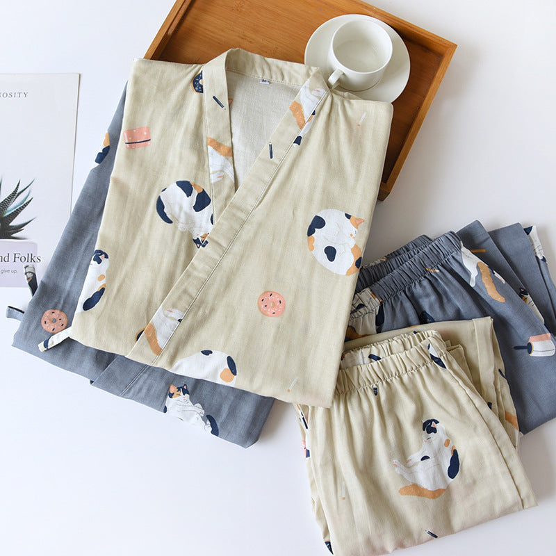 New Japanese-style kimono two-piece couple pajamas cover men and women pure cotton gauze cute kitten thin home service plus size