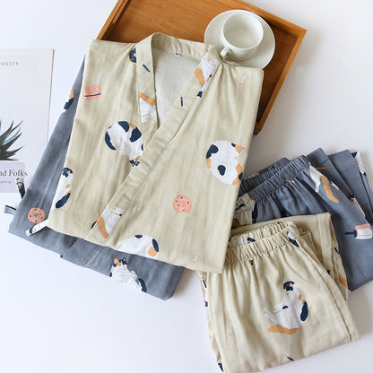 New Japanese-style kimono two-piece couple pajamas cover men and women pure cotton gauze cute kitten thin home service plus size