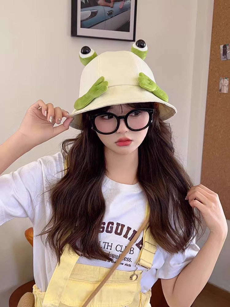 2024 New Cute Big Eyes Frog Bucket Hats Outdoor Foldable Sun Fishing Cap Women Lady Summer Cotton Wild Panama Hats