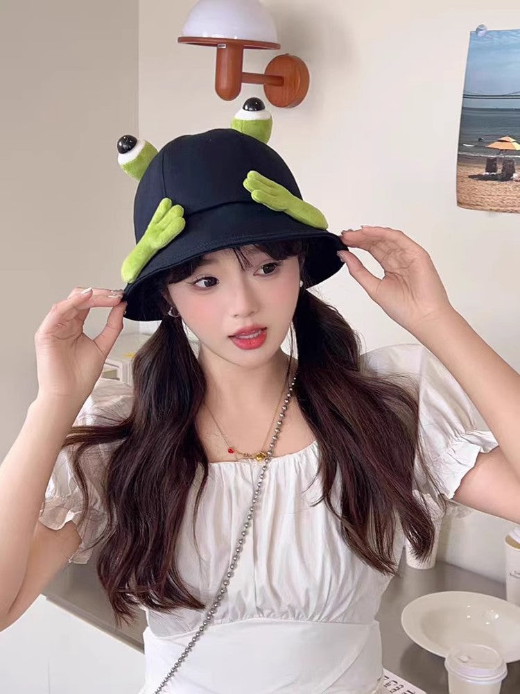 2024 New Cute Big Eyes Frog Bucket Hats Outdoor Foldable Sun Fishing Cap Women Lady Summer Cotton Wild Panama Hats
