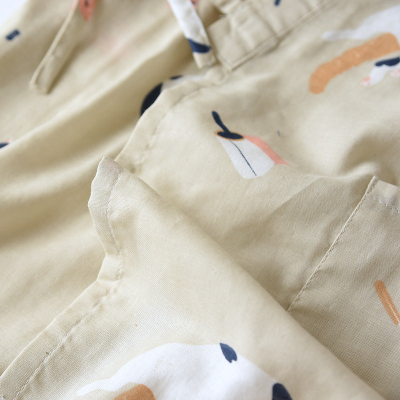 New Japanese-style kimono two-piece couple pajamas cover men and women pure cotton gauze cute kitten thin home service plus size