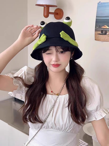 2024 New Cute Big Eyes Frog Bucket Hats Outdoor Foldable Sun Fishing Cap Women Lady Summer Cotton Wild Panama Hats