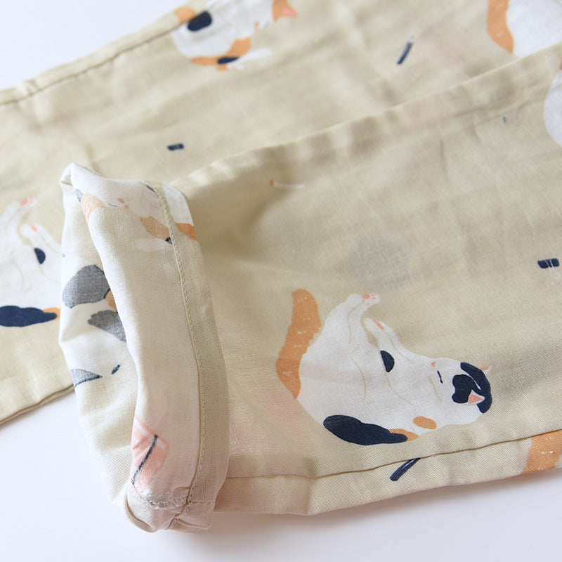 New Japanese-style kimono two-piece couple pajamas cover men and women pure cotton gauze cute kitten thin home service plus size