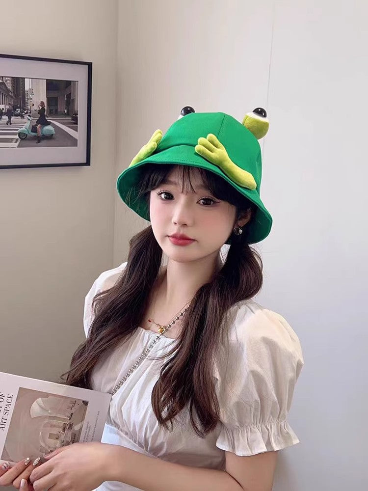 2024 New Cute Big Eyes Frog Bucket Hats Outdoor Foldable Sun Fishing Cap Women Lady Summer Cotton Wild Panama Hats