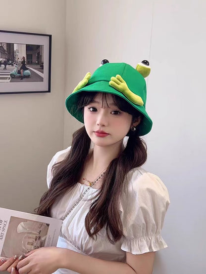 2024 New Cute Big Eyes Frog Bucket Hats Outdoor Foldable Sun Fishing Cap Women Lady Summer Cotton Wild Panama Hats