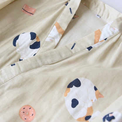 New Japanese-style kimono two-piece couple pajamas cover men and women pure cotton gauze cute kitten thin home service plus size