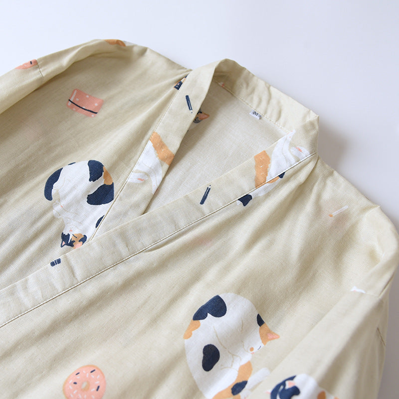 New Japanese-style kimono two-piece couple pajamas cover men and women pure cotton gauze cute kitten thin home service plus size