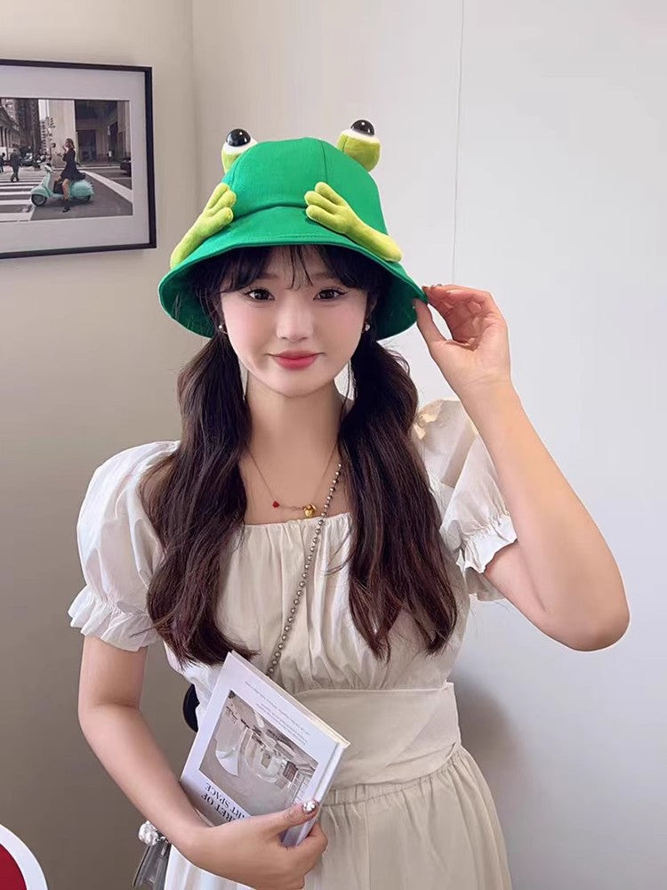 2024 New Cute Big Eyes Frog Bucket Hats Outdoor Foldable Sun Fishing Cap Women Lady Summer Cotton Wild Panama Hats