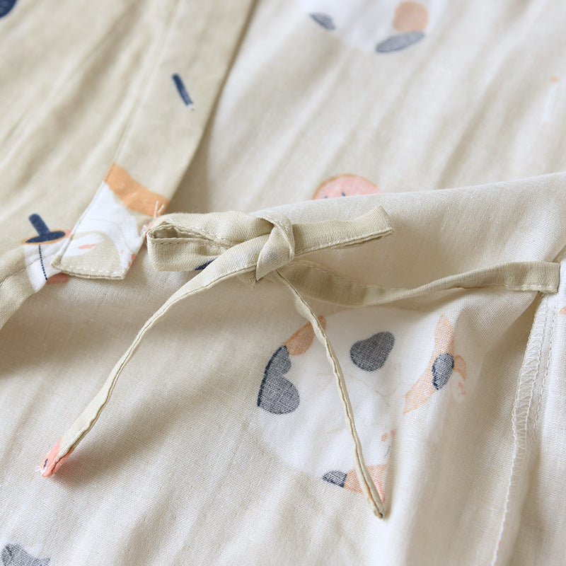 New Japanese-style kimono two-piece couple pajamas cover men and women pure cotton gauze cute kitten thin home service plus size