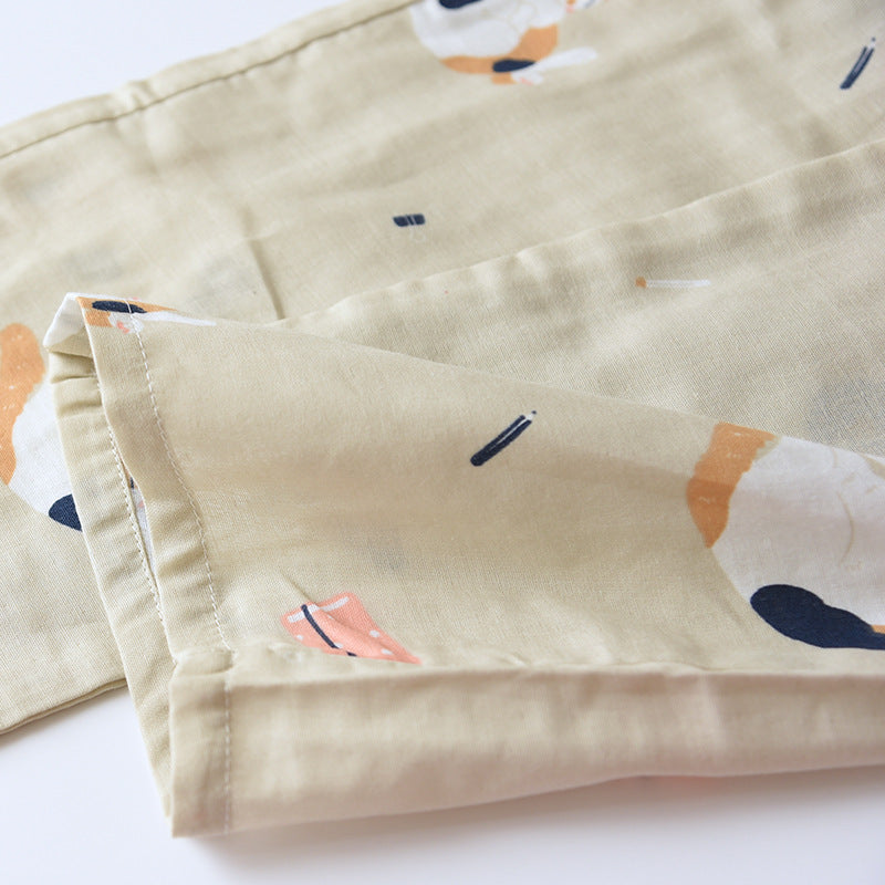 New Japanese-style kimono two-piece couple pajamas cover men and women pure cotton gauze cute kitten thin home service plus size