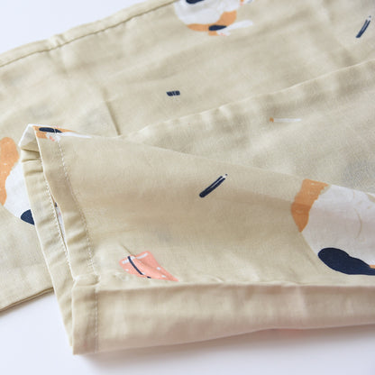 New Japanese-style kimono two-piece couple pajamas cover men and women pure cotton gauze cute kitten thin home service plus size