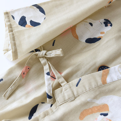 New Japanese-style kimono two-piece couple pajamas cover men and women pure cotton gauze cute kitten thin home service plus size