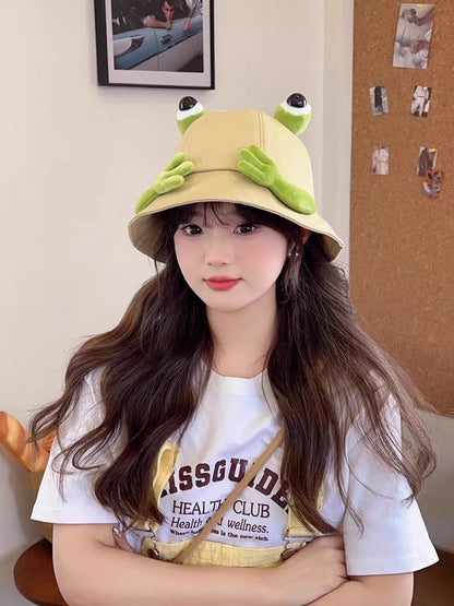 2024 New Cute Big Eyes Frog Bucket Hats Outdoor Foldable Sun Fishing Cap Women Lady Summer Cotton Wild Panama Hats