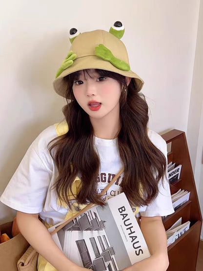 2024 New Cute Big Eyes Frog Bucket Hats Outdoor Foldable Sun Fishing Cap Women Lady Summer Cotton Wild Panama Hats