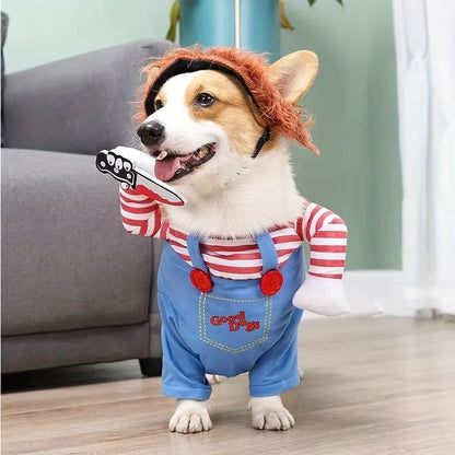 Dog Halloween Costume Pet Deadly Doll Chucky Dogs Costume with Wig, Dog Costumes for Medium Dogs Funny Party Cosplay Halloween