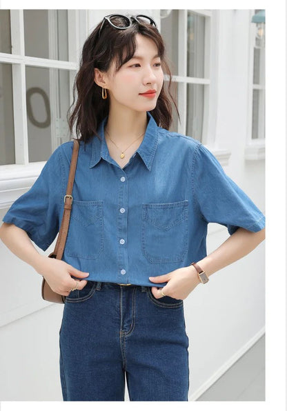 Vintageblueshort Sleeves Thin Denim Shirt 2024 Summer New Casual Loose-Fit Hong Kong Style Petite Top For Women