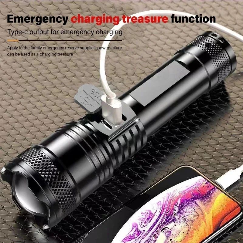 Tactical LED Flashlight 2000LM USB Rechargeable Waterproof Grade Zoom Torch Bright Portable Emergency Light for Camping Outdoor