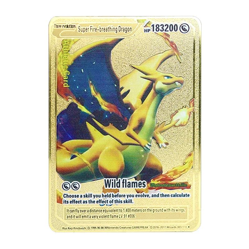 Pokémon 183200 Pontos Alto HP Cartas de Metal Douradas Pretas Inglês Francês Vmax Mega GX Coleção de Cards Charizard Pikachu Mewtwo