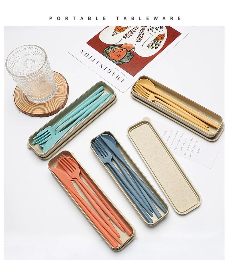 Colher Garfo Pauzinhos Talheres 1PCS/Conjunto Caixa de Louça de Palha de Trigo Jantar Crianças Adulto Viagem Portátil Acessórios de Cozinha