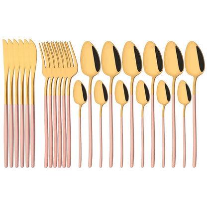 24Pcs Stainless Steel Dinnerware Set Kitchen Fork Spoon Knife Dinner Cutlery Set White Silver Western Flatware Tableware Set